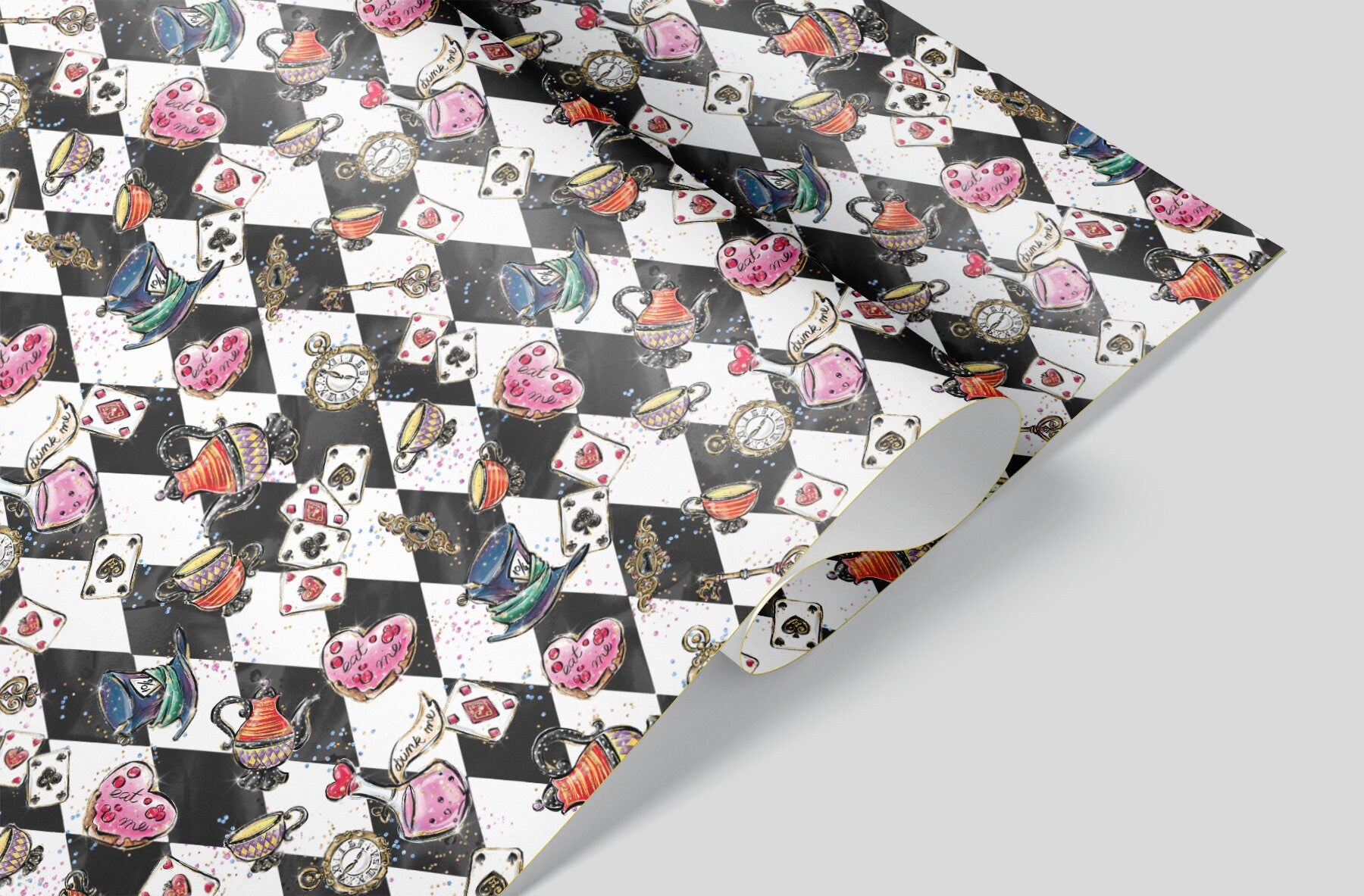 A close up of Black and White Checkerboard wrapping paper with Alice and Wonderland icons, Such as a &quot;drink me&quot; potion and the Mad Hatter&#39;s Hat