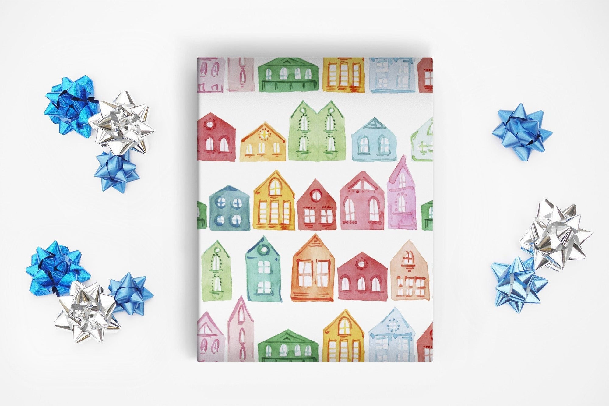 Watercolor Painted Houses on White Wrapping Paper Alexander&#39;s 