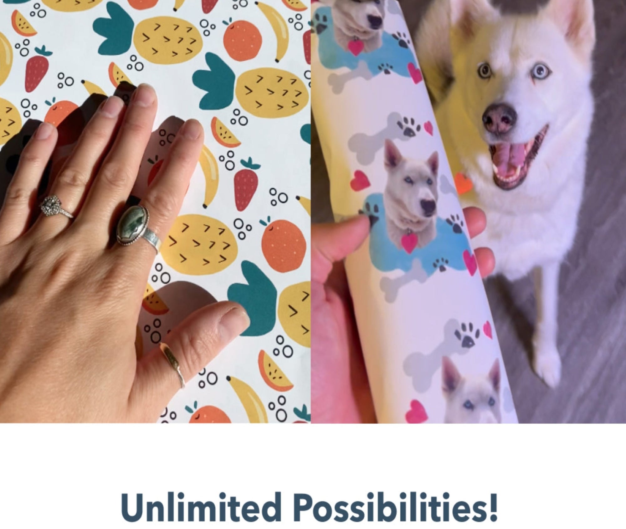 Personalized dog wrapping paper side by side with photo wrapping paper